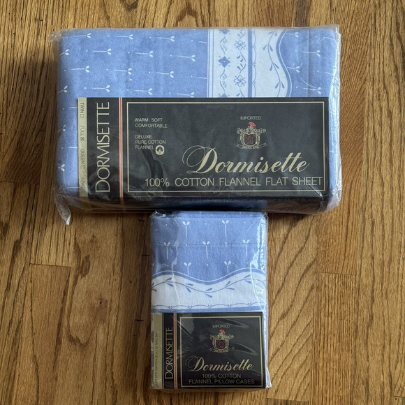 VTG New Dormisette Flannel Full Double Flat Sheet 2 Pillowcases 100% Cotton Blue - Picture 1 of 14